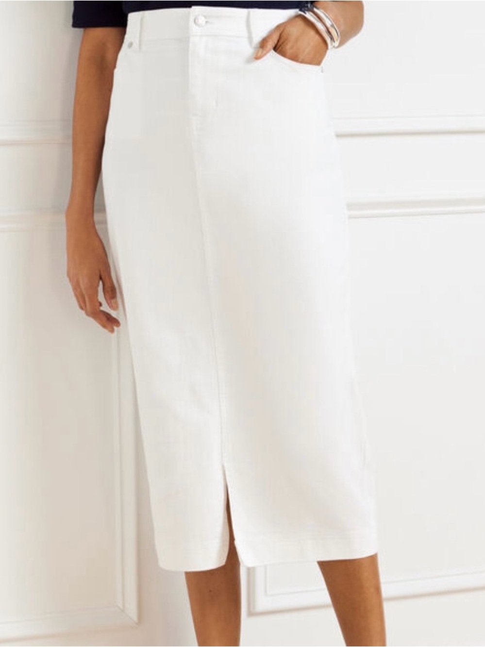 Talbots White Midi Denim Skirt with Front Slit - Women's